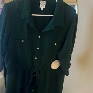 NAIF Forest Green Button-Front Tie-Waist Shirt Dress